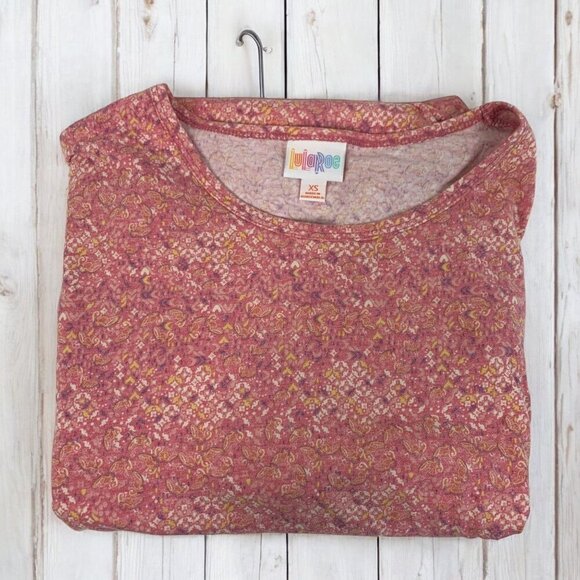 Lularoe Irma Half Sleeve Tunic High Low Polyester Blend Sz XS Pink Yellow Print - Picture 5 of 7